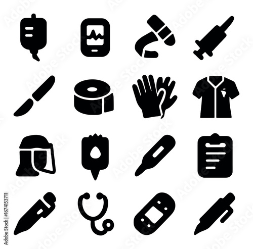 Silhouette medical icon set featuring iv, monitor, capsule, syringe, scalpel, bandage, gloves, and uniform symbols