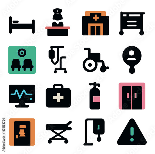 Silhouette hospital icon set including bed, nurse, building, wheelchair, ambulance, medicine, and emergency symbols