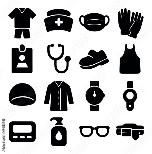 Silhouette healthcare icon set featuring nurse cap, mask, gloves, stethoscope, watch, and sanitizer symbols