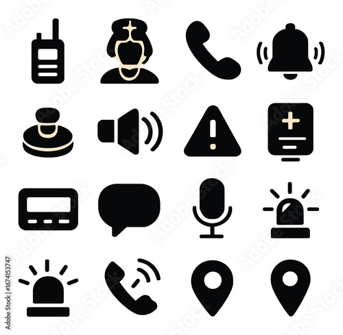Silhouette emergency services icons set featuring phone, bell, alert, siren, map, and medical symbols