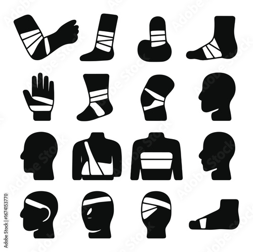 Silhouette medical icon set featuring arm, leg, foot, hand, head, ankle, elbow, and shoulder symbols