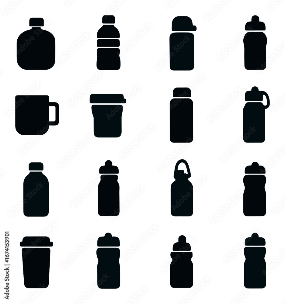Fototapeta premium Silhouette beverage icon set featuring water bottle, thermos, mug, and travel cup designs