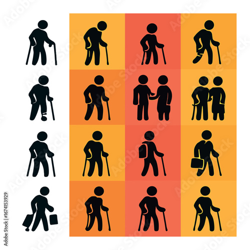 Silhouette elderly support icons set featuring walking stick, assistance, cane, caregiver, and walker symbols