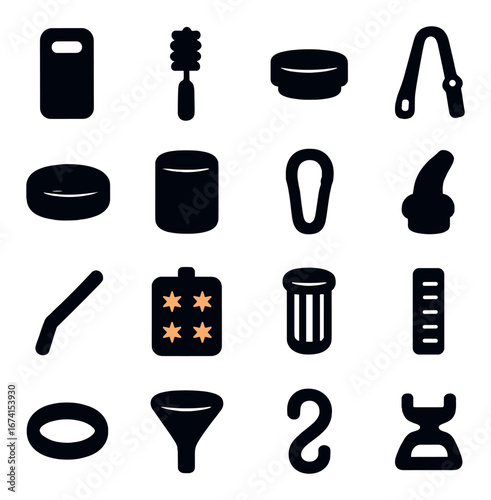 Silhouette household icon set featuring cutting board, sponge, bowl, hanger, vacuum, and trash symbols