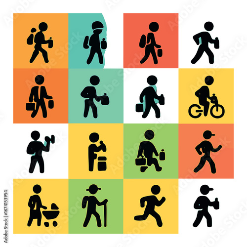 Silhouette activity icon set featuring walking, cycling, running, hiking, shopping, and parenting symbols