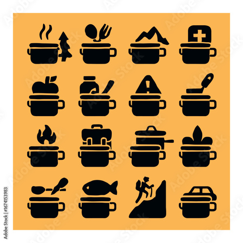 Silhouette cooking pot icon set featuring camping, utensils, nature, travel, and ingredients symbols