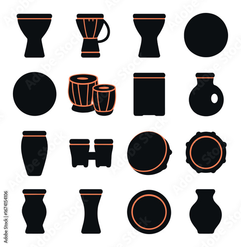 Silhouette percussion instrument icon set featuring djembe, bongos, tambourine, conga, and drum symbols