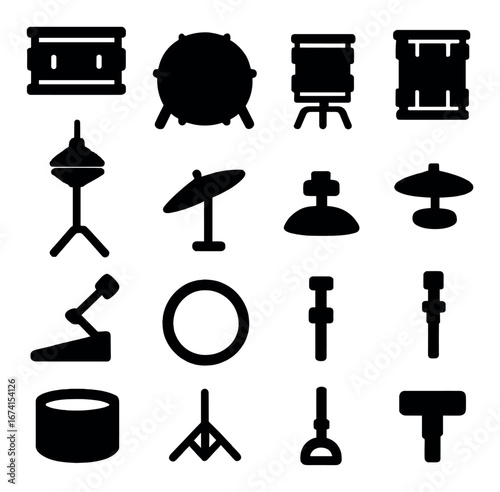 Silhouette music icon set featuring snare drum, bass drum, cymbals, microphone, and drumsticks