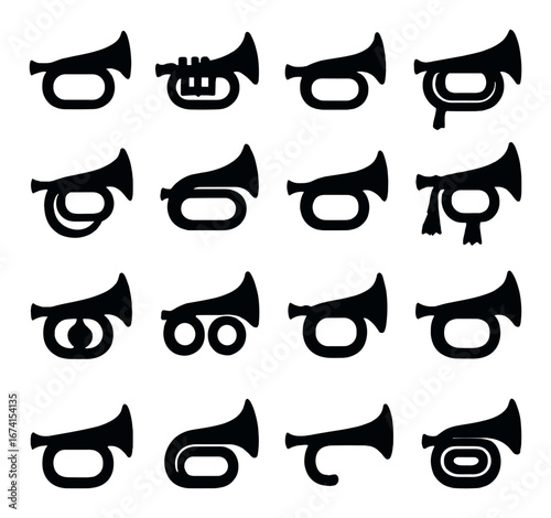 Silhouette music instrument icon set featuring trumpet, french horn, trombone, and tuba symbols