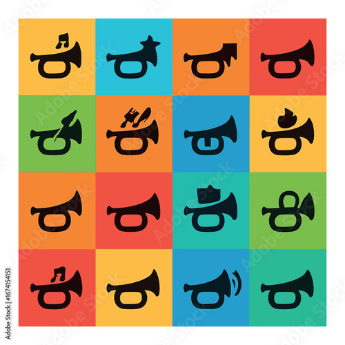Flat trumpet icon set featuring jazz, classical, marching band, orchestra, music, and performance symbols