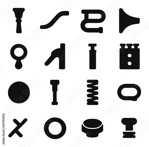 Silhouette plumbing icon set featuring faucet, pipe, plunger, valve, drain, and wrench symbols