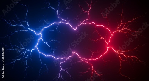 Abstract background of diverging electric lightning bolts in blue and red hues, symbolizing opposing forces and energy