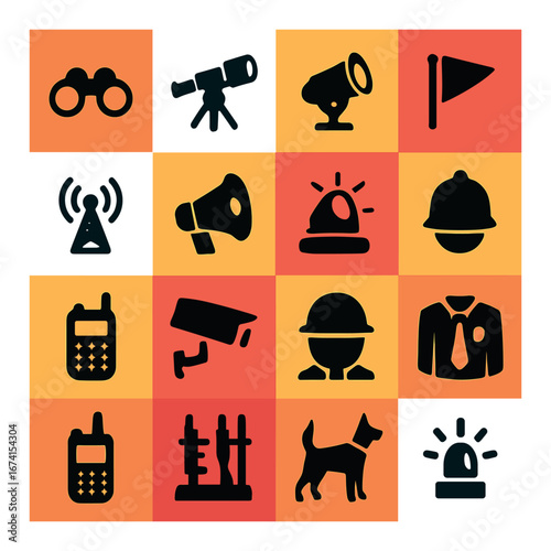 Silhouette security icon set featuring binoculars, megaphone, camera, dog, hard hat, and alarm symbols