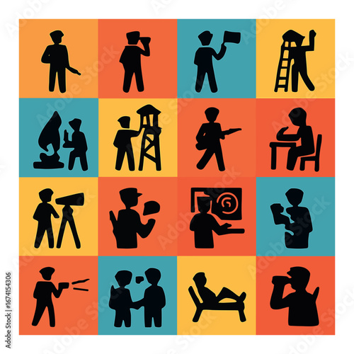 Silhouette professions icon set featuring firefighter, musician, writer, scientist, astronaut, builder