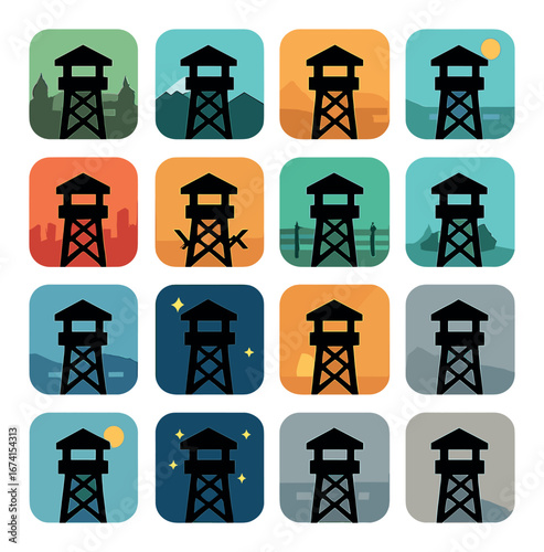 Silhouette watchtower icon set featuring city, mountain, night, star, landscape, and forest symbols