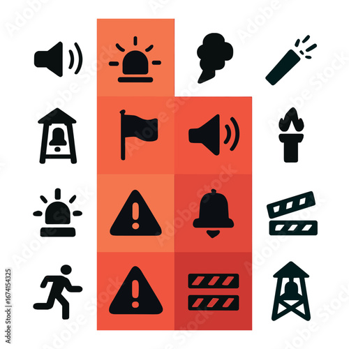 Silhouette alert icons set featuring siren, smoke, fire, alarm, warning, notification, flag, and gate symbols