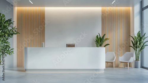 Dental Clinic Reception counter mockup welcome front entrance Modern style interior registration dentist copy space desk indoor decoration design front view