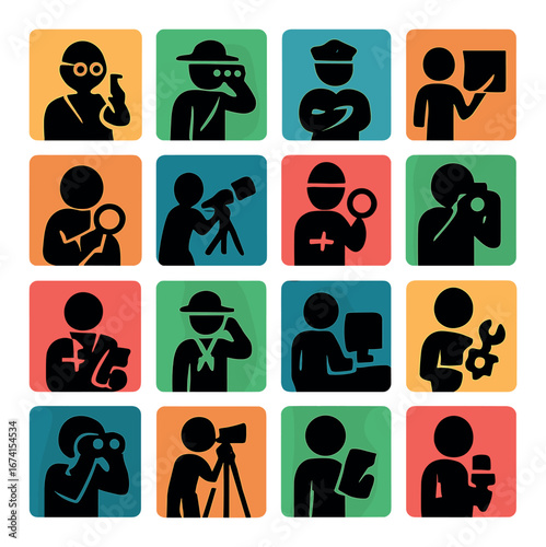 Silhouette surveillance icon set featuring detective, binoculars, security, technology, and investigation symbols