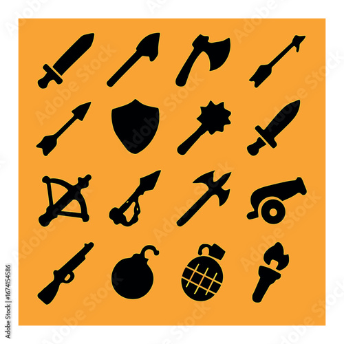 Silhouette medieval weapons icon set featuring sword, axe, shield, bow, arrow, and torch