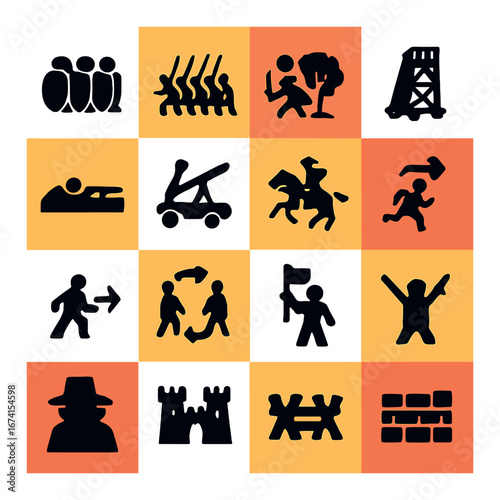 Silhouette historical battle icons set featuring army, tower, cavalry, castle, wall, and duel symbols