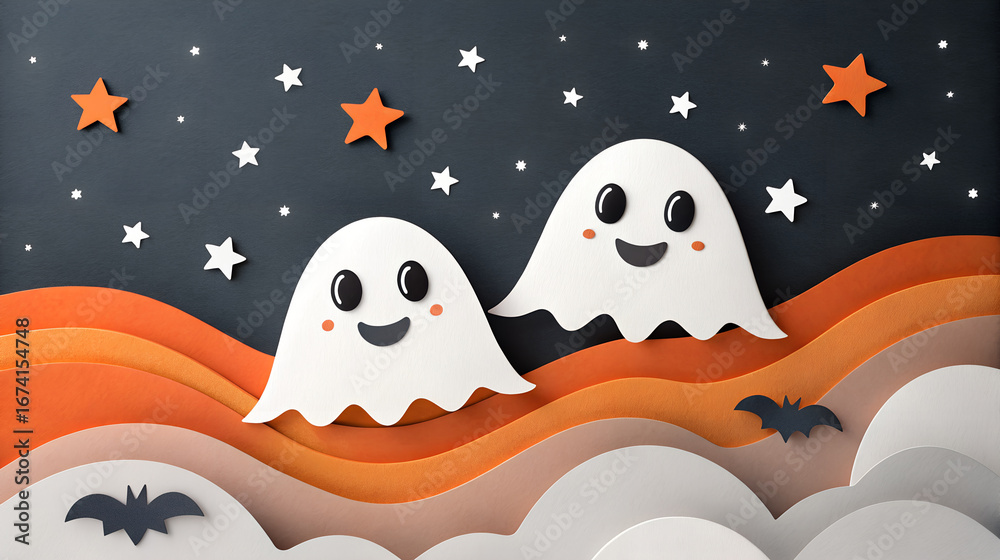 Obraz premium Two cute paper ghosts on a halloween night with stars and bats