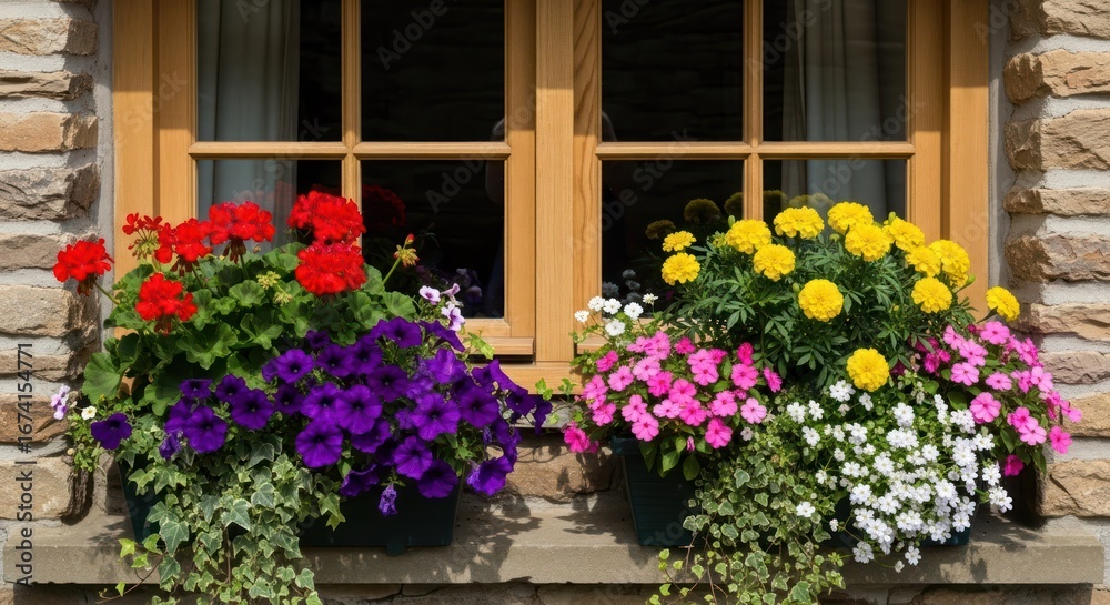 Fototapeta premium Window box of colorful summer flowers adorns stone windowsill