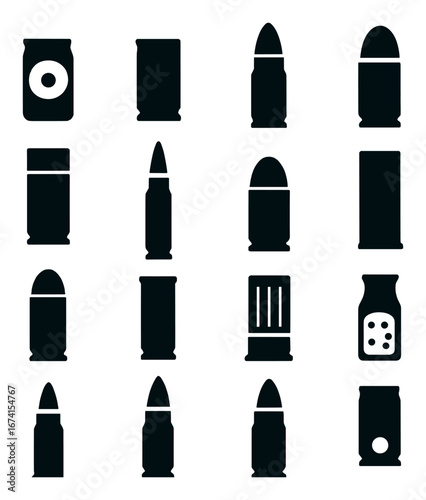Silhouette weapons icon set featuring bullet, cartridge, ammo, gun, firearm symbols