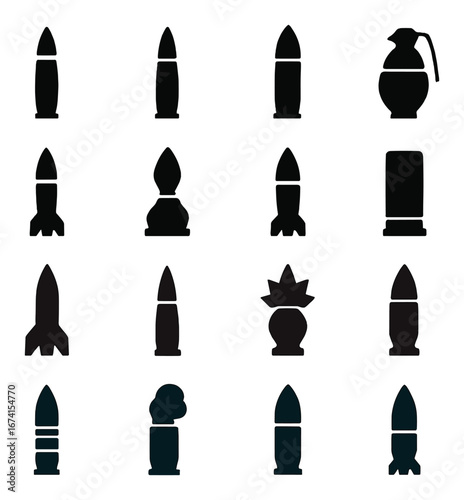 Silhouette ammunition icons set featuring bullets, grenade, missile, and cartridge symbols