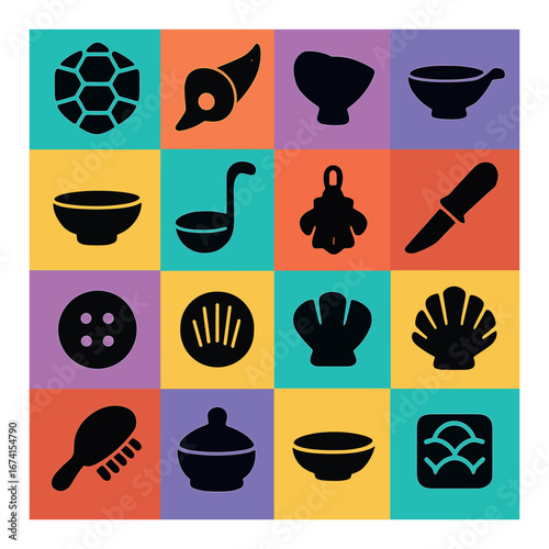 Silhouette kitchenware icon set featuring bowl, ladle, knife, grater, pot, and shellfish symbols