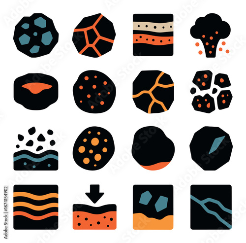 Silhouette geoscience icon set featuring geology, tectonic, sedimentary, volcanic, and erosion symbols