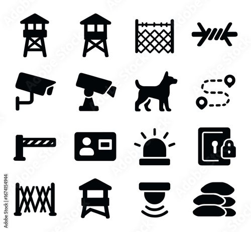 Silhouette security icon set featuring watchtower, fence, barbed wire, camera, dog, map, gate, id, alarm, lock