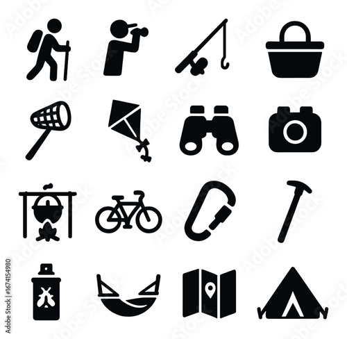 Silhouette outdoor activity icons set featuring hiking, fishing, picnic, kite, and camping symbols