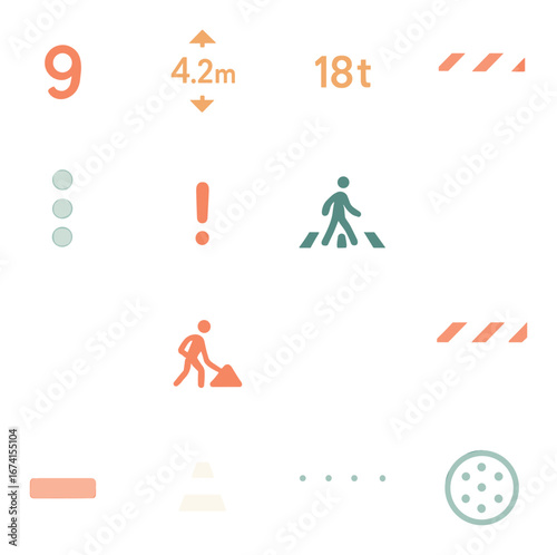 Silhouette traffic icon set with speed, height, weight limits, pedestrian, phone, and camera symbols
