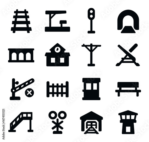 Silhouette railway icon set featuring track, station, signal, tunnel, crossing, and train