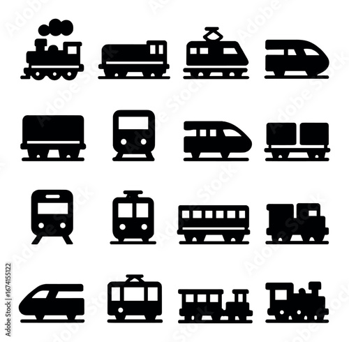 Silhouette transportation icon set featuring steam train, locomotive, tram, freight, and metro symbols