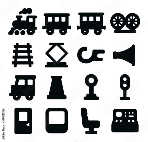 Silhouette transportation icon set with train, railroad, crane, bus, traffic light, and seat symbols