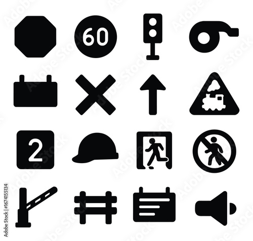 Silhouette traffic icon set featuring stop, speed limit, traffic light, whistle, train, and helmet symbols