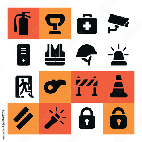 Silhouette safety icon set featuring fire extinguisher, first aid, security camera, barrier, and lock symbols