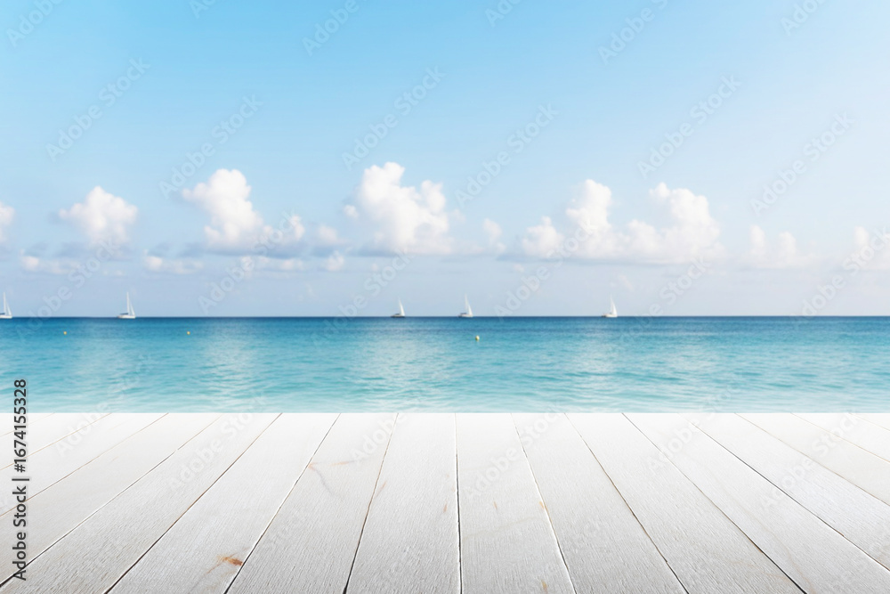 Fototapeta premium Empty wooden floor at the edge of the beach in blurred sea background