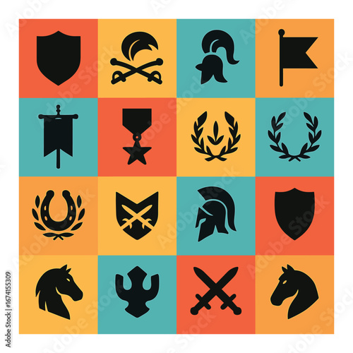 Silhouette medieval icon set featuring shield, helmet, flag, sword, banner, medal, and laurel symbols