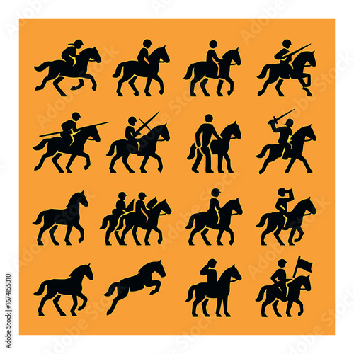 Silhouette equestrian icon set featuring rider, jumping, racing, polo, jousting, and dressage symbols
