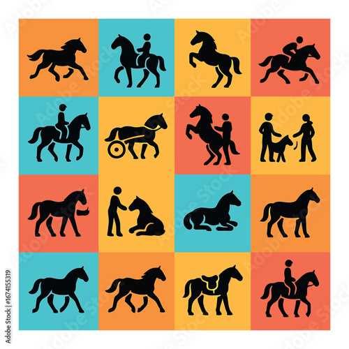 Silhouette horse icon set featuring riding, carriage, trotting, rearing, and companionship symbols