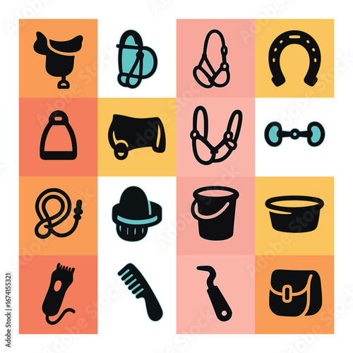 Silhouette equestrian icon set featuring saddle, bridle, halter, horseshoe, bucket, and brush symbols