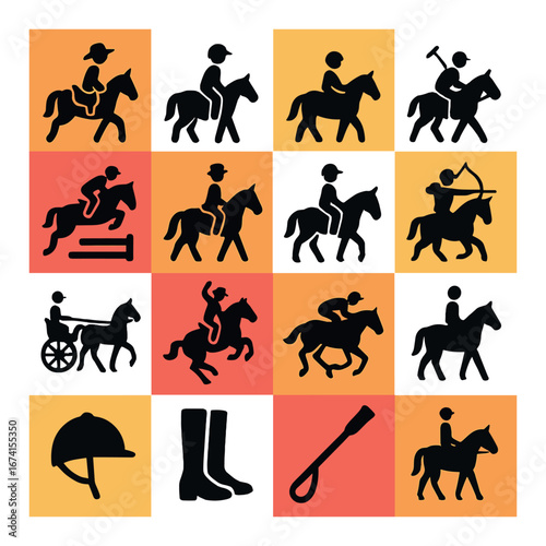 Silhouette horse riding icon set featuring jockey, polo, jumping, archery, chariot, horseback, and gear symbols
