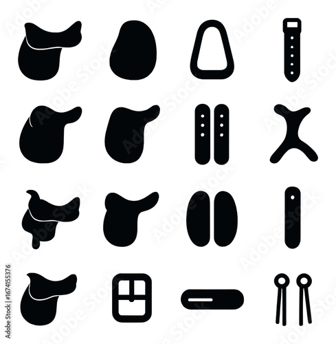 Silhouette horse equipment icon set featuring saddle, stirrup, bridle, and reins symbols