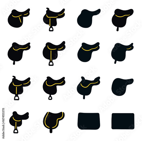 Silhouette equestrian icon set featuring saddles for riding, horse gear, and tack equipment