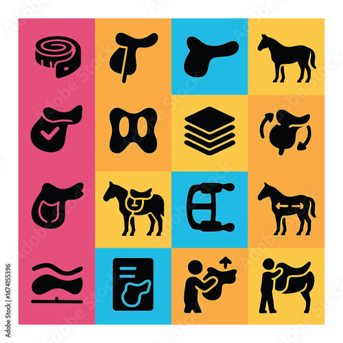 Flat equestrian icon set featuring saddle, horse, bridle, tack, riding gear, and stable symbols