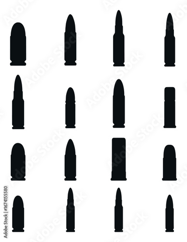 Silhouette bullet icon set featuring pistol, rifle, shotgun, and cartridge designs