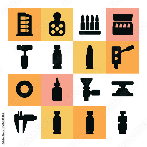 Silhouette shooting icons set featuring pistol, bullets, target, rifle, and scope symbols