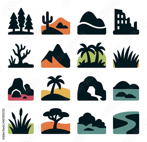 Silhouette nature icons set: forest, desert, mountains, city, island, grass, jungle, river